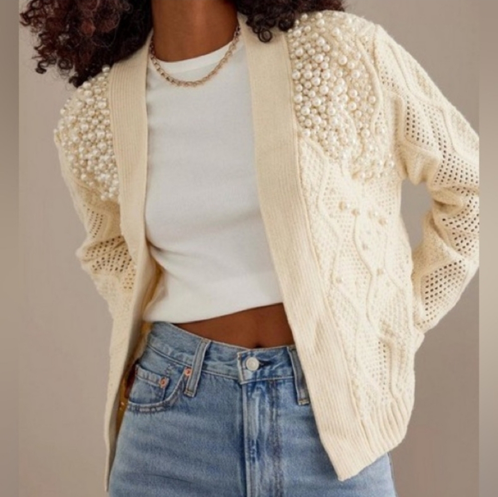 ANTHROPOLOGIE Pearl Embellished Cable Knit Open Cardigan In Cream One Size NWOT